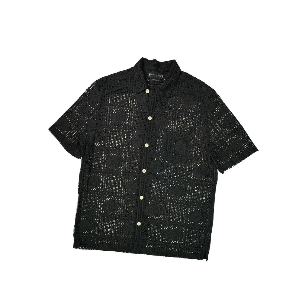 AllSaints Black Lace Net See Through Relaxed Fit Button Up Shirt Size L Ret $160
